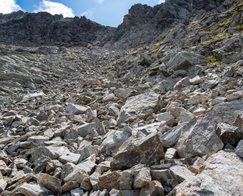 The scree leading to the notch on the ridge