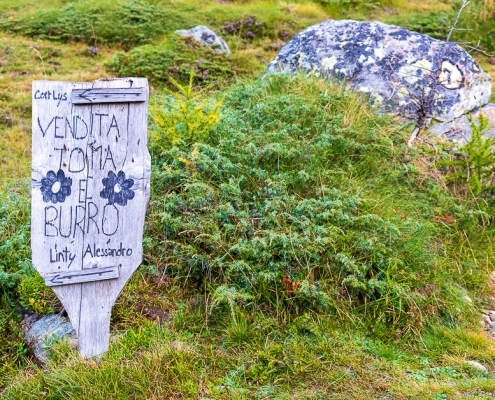 Sign indicating cheese for sale at Cortlys alp.