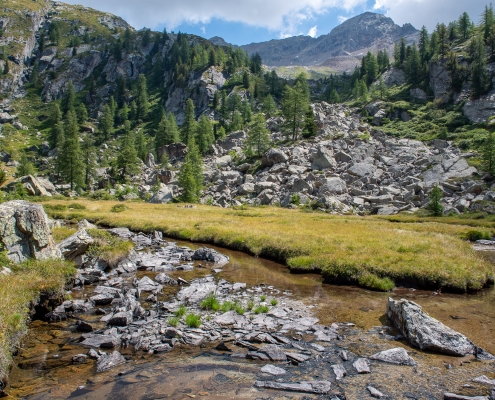 La valle dei principi, la pietraia ai piedi dell'Alpe Bronne, e sullo sfondo il Corno Rosso