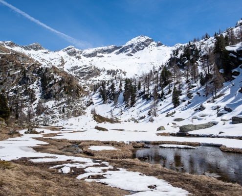 La valle dei principi, la pietraia ai piedi dell'Alpe Bronne, e sullo sfondo il Corno Rosso