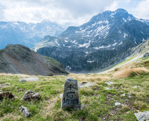 The memorial stone with date 1767 at Valdobbiola Pass, 2636m