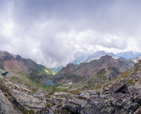 From Punta di Rissuolo, the view towards Corno Bianco (3320m), Black Lake and White Lake