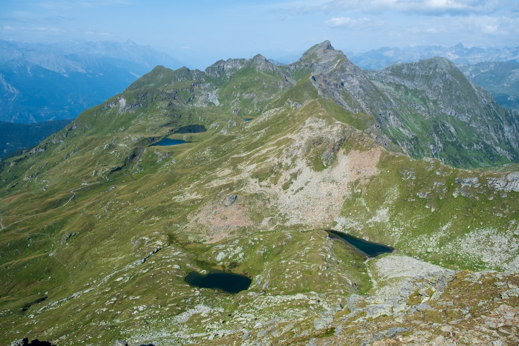 The lakes of Valfredda (foreground), Palasina (background) and nearby Corno Bussola