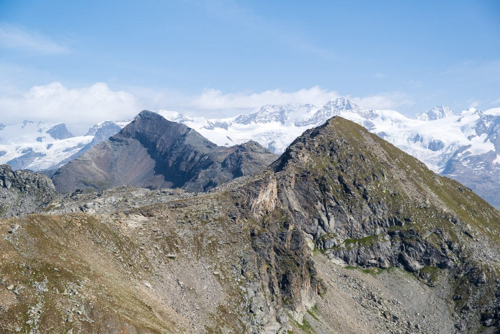 From Punta Valfredda the Corno Vitello, behind it the Testa Grigia Zoom in on the ridge joining the visible Pinter Bivouac (right) and the summit of Testa Grigia