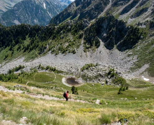 The basin of Lake Gombetta, evident the path down from the Belvedere