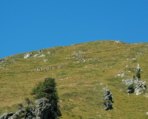 A large group climbs to the summit