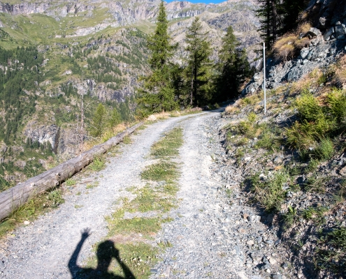 Sulla strada sterrata il sentiero prosegue dove c'è il bastone