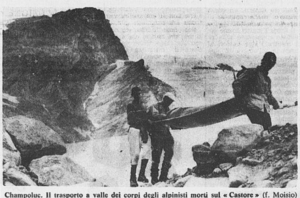 Il trasporto a valle dei corpi degli alpinisti morti sul Castore