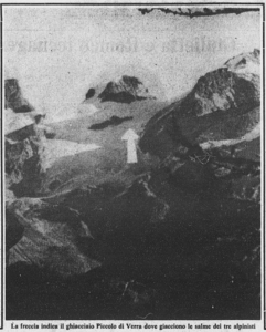 Arrow points to the Little Verra Glacier where the bodies of the three mountaineers lie Arrow points to the Little Verra Glacier where the bodies of the three mountaineers lie
